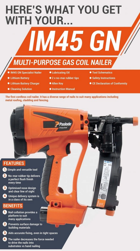 Paslode IM45 GN specialist coil nailer (battery & charger set)
