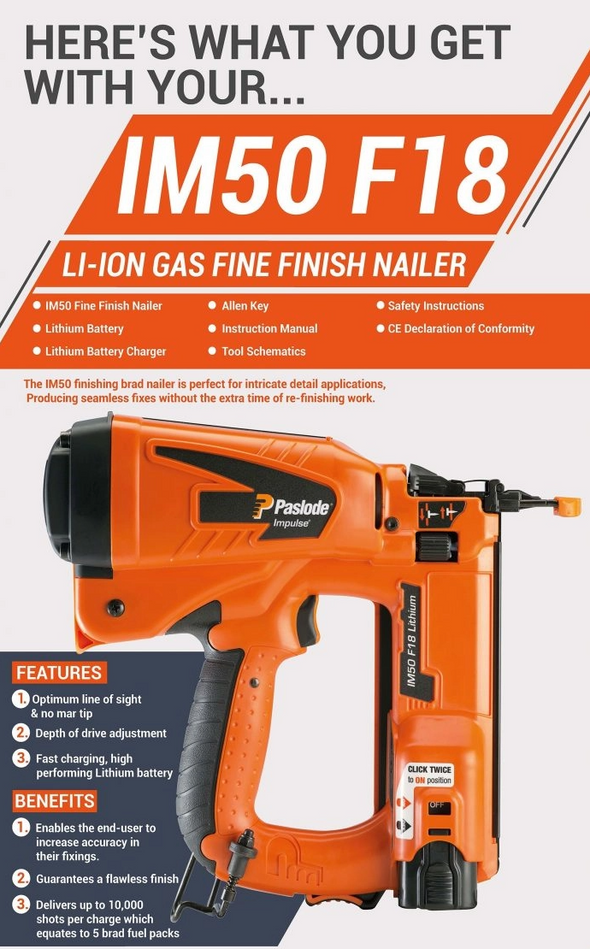 Paslode IM50 F18 fine finish nailer (battery & charger set)