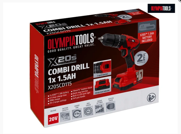 Olympia Tools® 20V Cordless Drill Driver Set (1 x 1.5Ah Li-ion + 1 x Charger + 1 x Belt Clip)