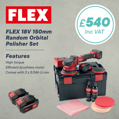 Flex 18V 150mm Random Orbital Polisher Set (2 x 5.0Ah Li-ion + Charger + Carry Case)